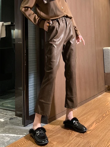 Женские кожаные брюки до щиколотки, повседневные свободные брюки из искусственной кожи с эластичным поясом, модель Y3139 в Корейском стиле, 2023