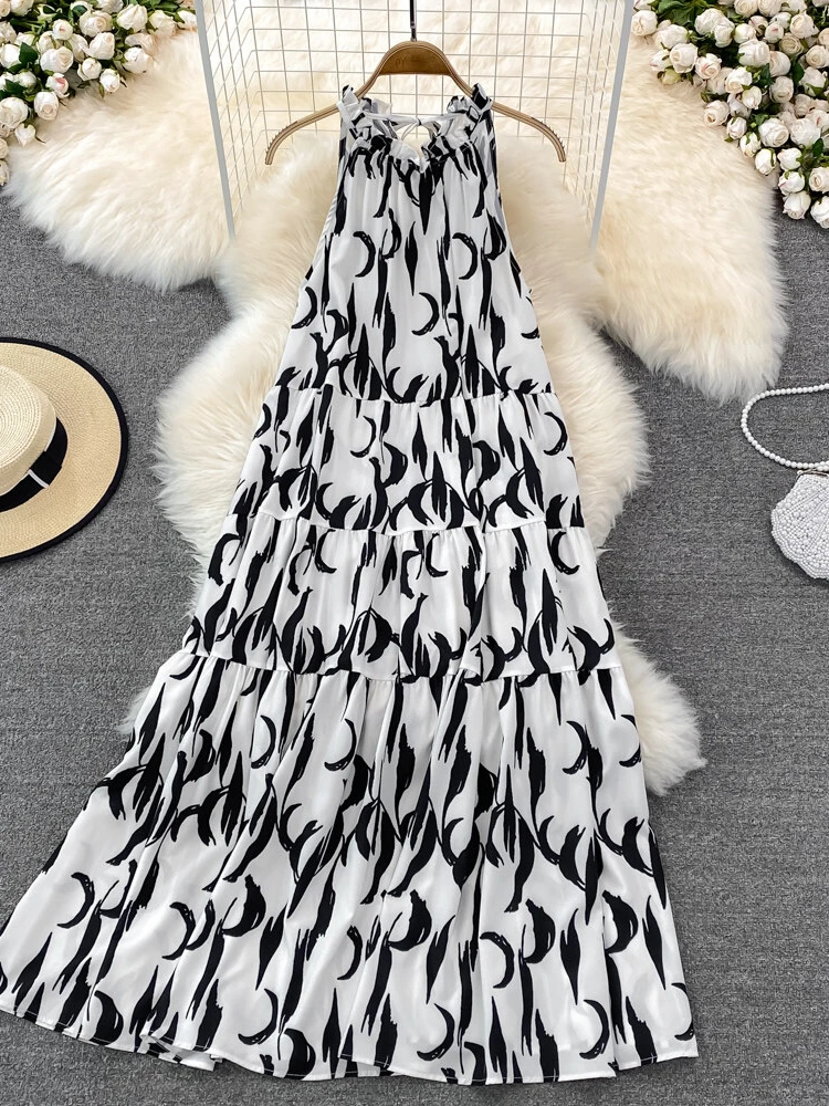

Women Sleeveless Chiffon Boho Dress Summer A Line Printed Long Dresses Ladies Beach Party Dress Laides Loose Long Robe