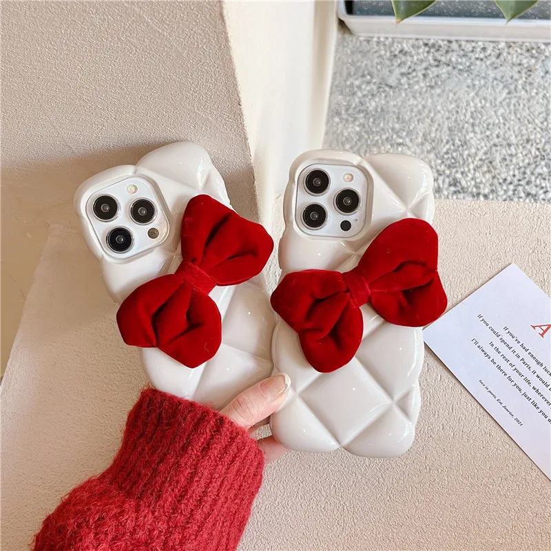 

Autumn Winter Women's Mobile Phone Cases with Red Bowknot for iPhone 11 12 13 14 Pro Max 14 Plus Girl's Soft TPU White Covers