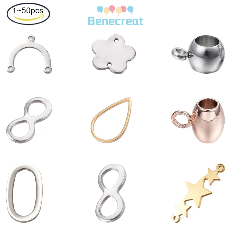 

304 Stainless Steel Links Connector Laser Cut Flower Cross Barrel Ring Oval Stainless Steel Color Golden Rose Gold