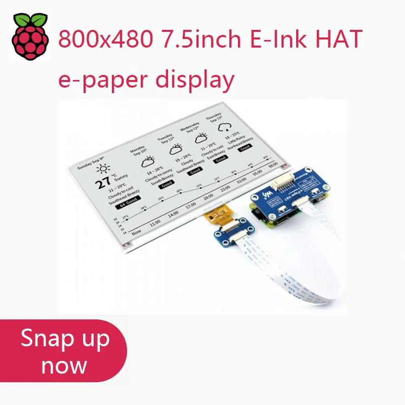 Фото Waveshare 800x480 7,5-дюймовый дисплей E-Ink HAT с электронной бумагой поддерживает Raspberry Pi STM32, двухцветный, со сверхнизким энергопотреблением №1