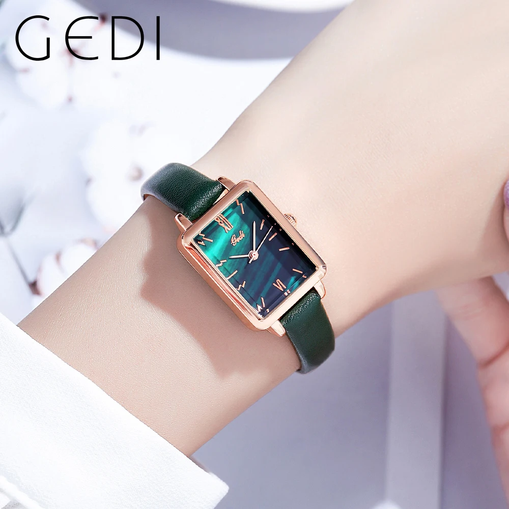 GEDI Rectangle Sakura Pink Women Watches Luxury Waterproof Ultra-thin Ladies Clock Leather Strap Fashion Quartz Wristwatches New