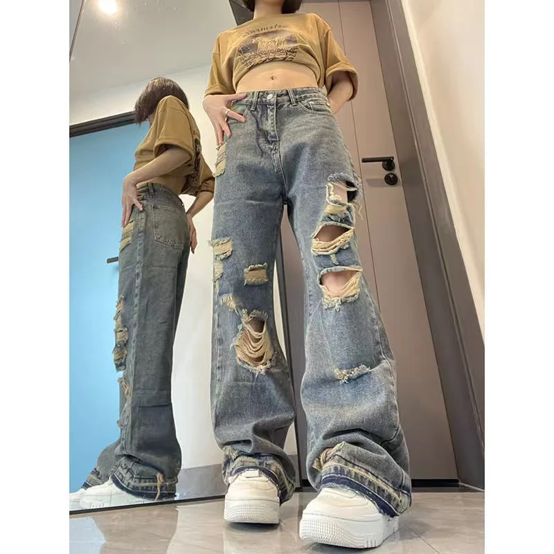American High Street Tide Ins National Tide Loose Wide Leg pants Harajuku  Ripped High Street Baggy Jeans Female
