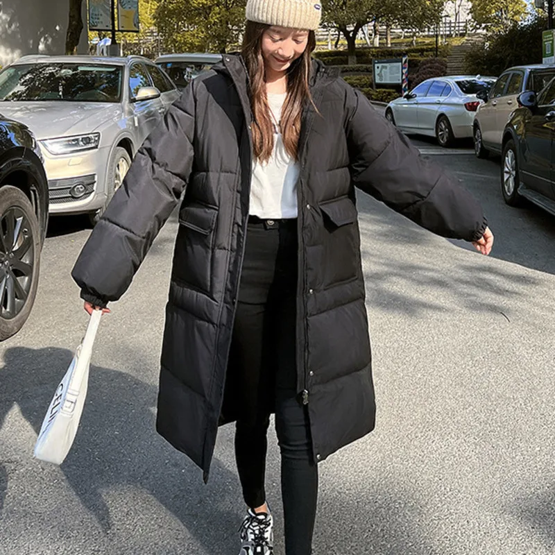 Womens Long Knee Cotton Padded Clothes 2022 Winter New Loose Fashion Hooded Coat Down Jacket Thick Black for Women Clothing