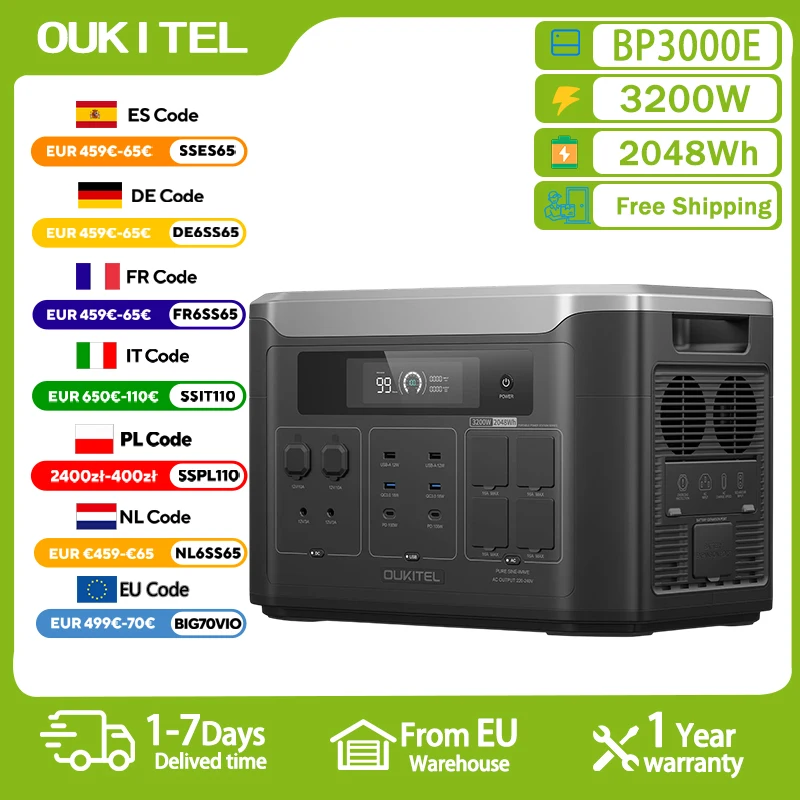 OUKITEL BP3000E Portable Power Station 2048Wh LiFePO4 Battery Solar Generator 3200W AC Output 220V EU Plug Smart App Control Home Backup Emergency Power Supply Outdoor Camping RV Energy Storage Pure Sine Wave UPS Fast Charging