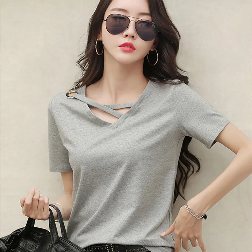 

2022 New Summer Short Sleeve Women V-neck Loose Korean Crossing Top casual Trend T-shirt Women Femme Blusa