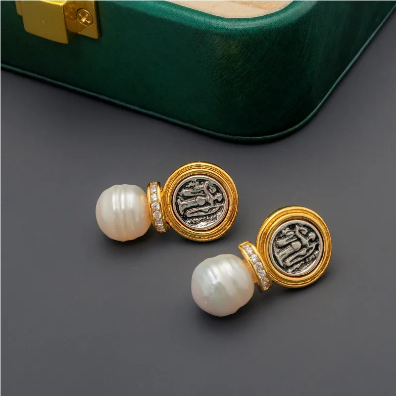 

New French vintage Roman avatar embossed natural pearl earrings for women