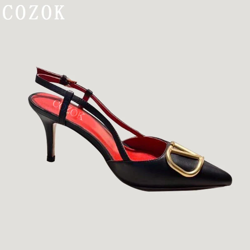 

New Luxury Brand V Women Pumps Pointed Sandals 4/6/8/10cm Thin High Heels Metal V-button Genuine Leather Party Wedding Shoes