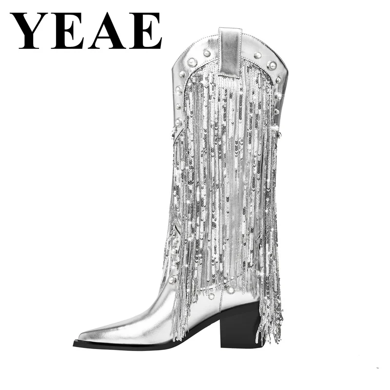 Модные женские Серебристые сапоги до колена с блестками повседневная обувь без