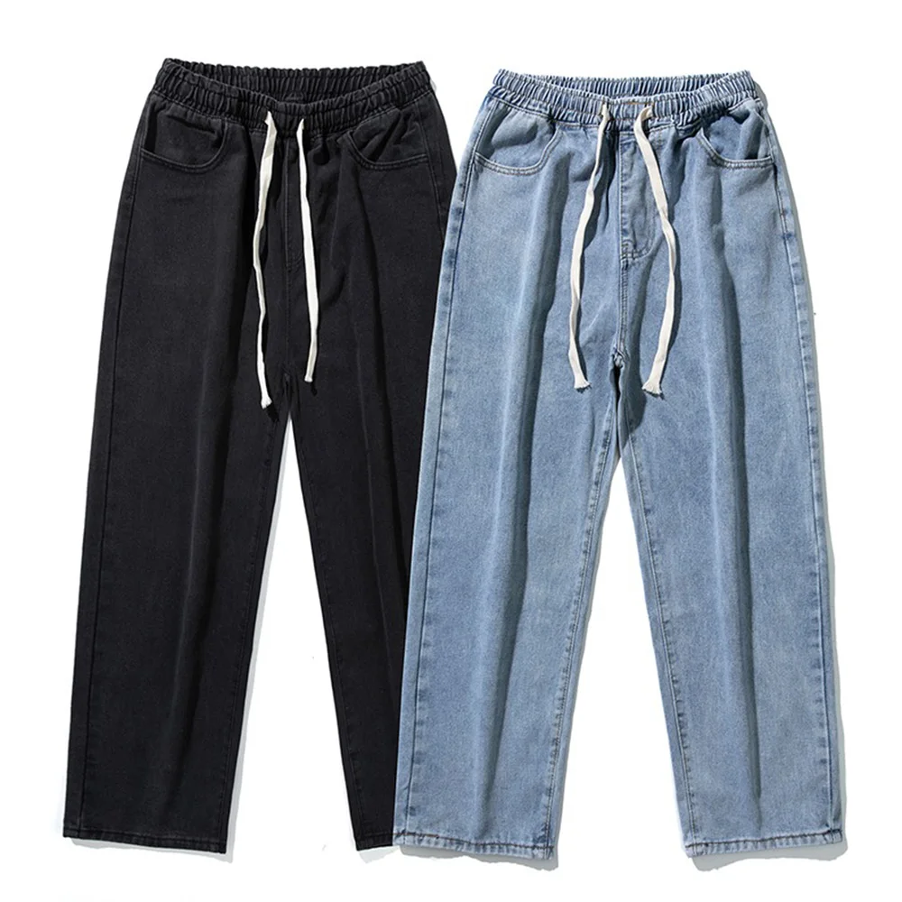 Drawstring Denim Jeans for Men Elastic Waist Pants Solid Loose Straight Fit Japanese Boys Trousers Street Wear Fashion Summer