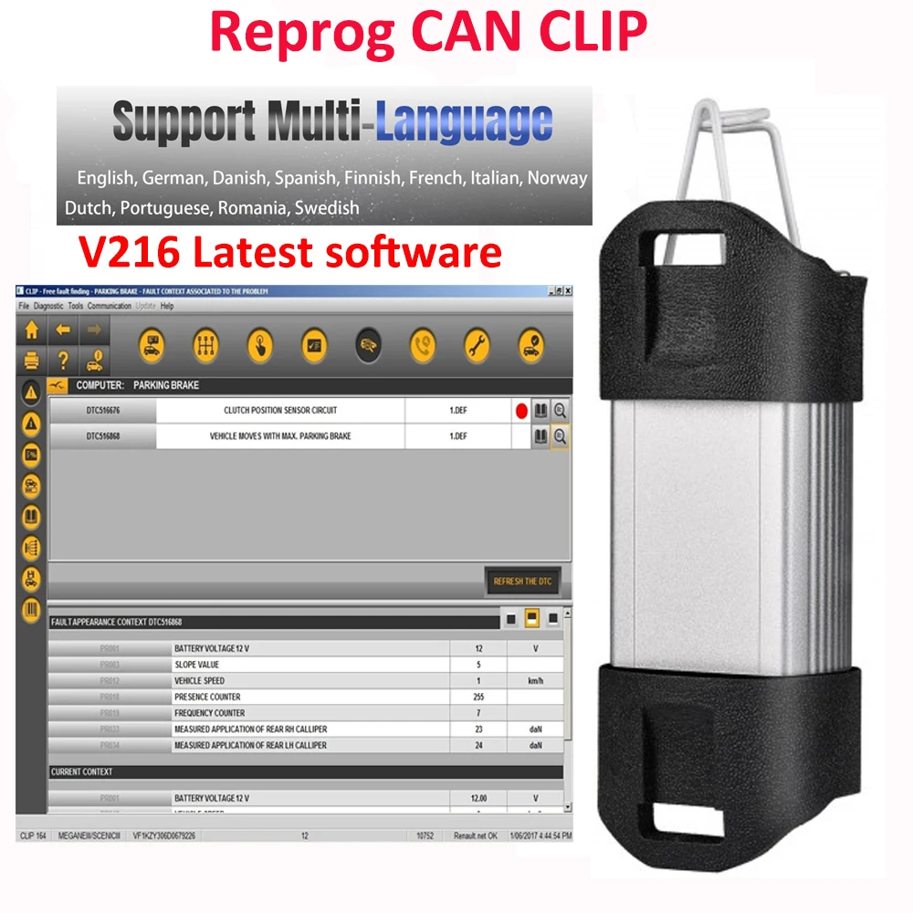 

2023 Can Clip для Renault Can Clip диагностический инструмент V216 программное обеспечение Многоязычный Золотой зажим Новый OBD2 Reno диагностический интерфейс