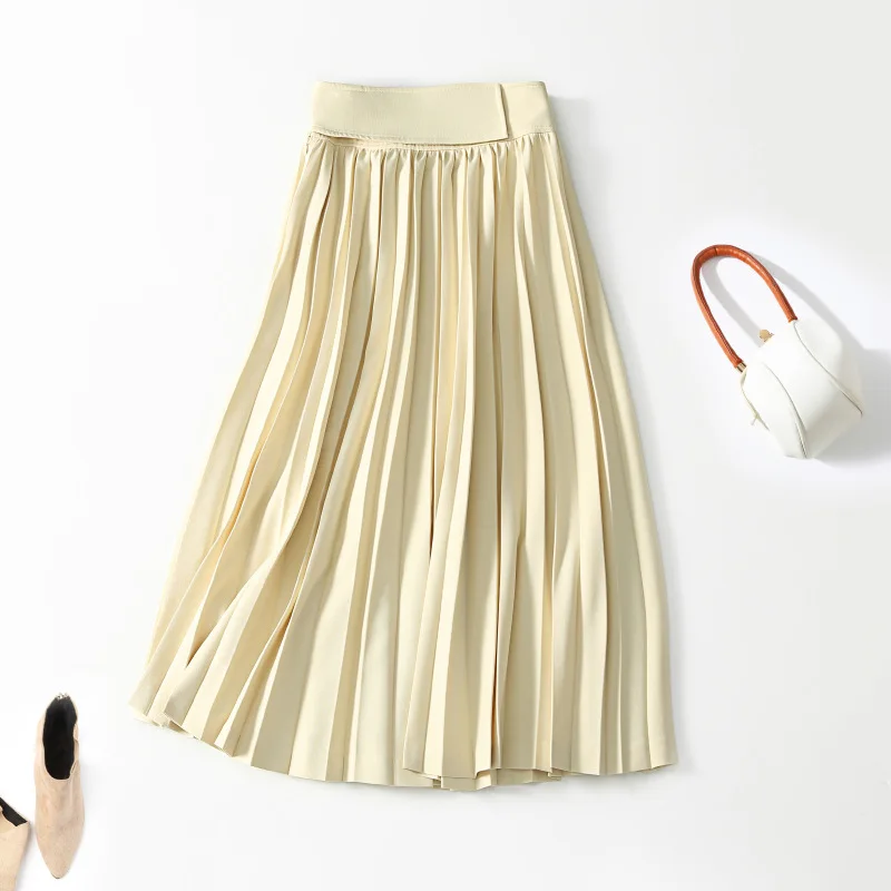 

Skirts Womens 2022 Luxury Fashion Solid Colour High Waist Pleated Skirt Over The Knees Office Ladies Clothes S-XL Black