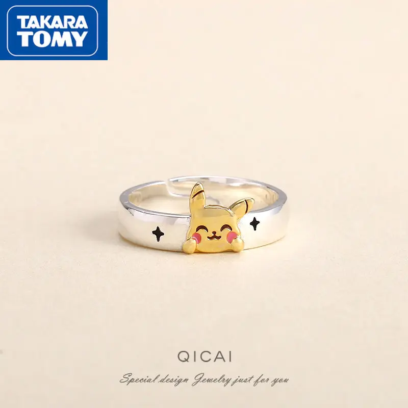 

TAKARA TOMY Cartoon Pikachu Sterling Silver Hypoallergenic Ladies Open Ring Girls Cartoon Cute Sweet Adjustable Lover Jewelry