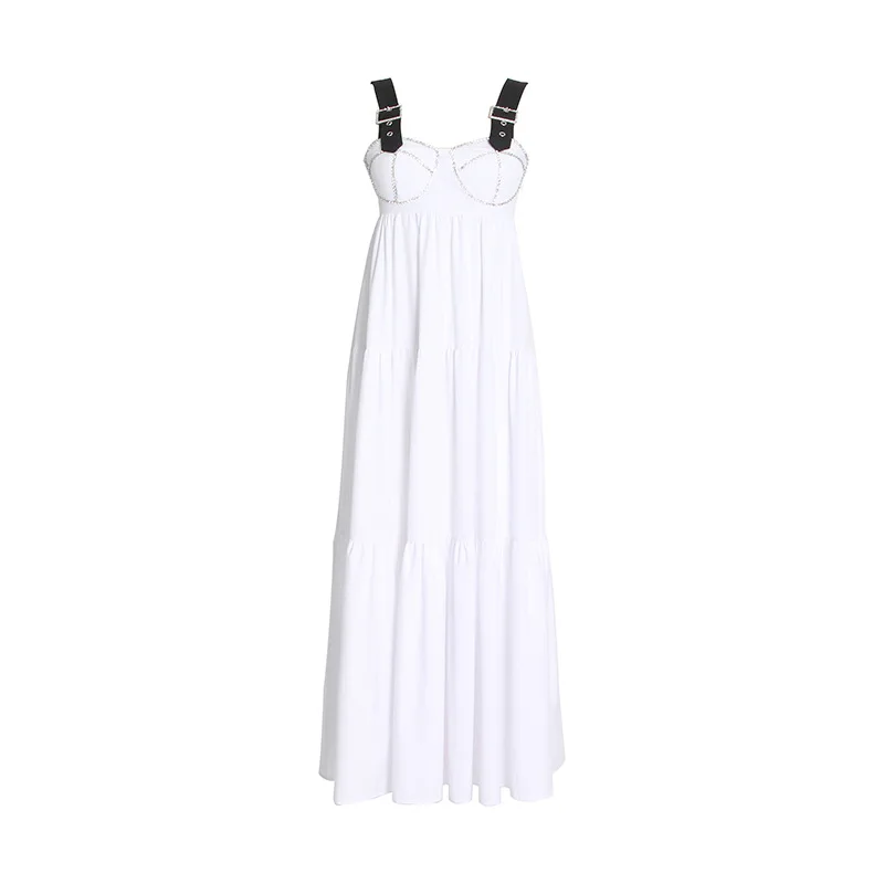 

European and American Style Solid Color Simple Long Skirt 2022 Summer New Handmade Nail Drill Corset Umbrella Dress Female