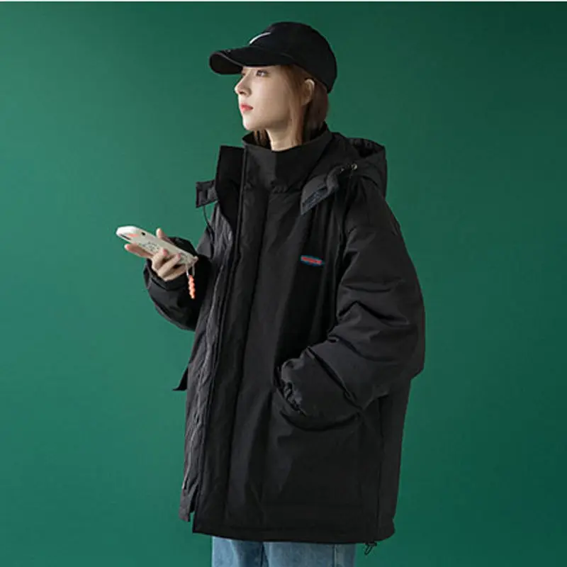 Cotton-padded jacket 2022 new female winter Korean version loose hooded cotton jacket Joker black coat tide