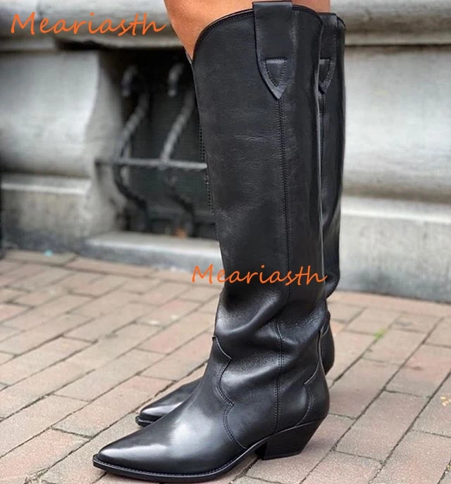 

Женские ковбойские сапоги до колена, черные кожаные сапоги в западном стиле с острым носком, зимние высокие сапоги на массивном каблуке, 2022