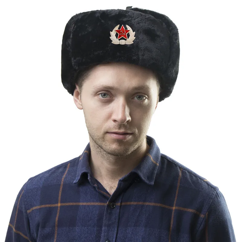 Фото Мужская зимняя шапка-ушанка с советским знаком, Русская Шапка-ушанка, уличная теплая утолщенная ветрозащитная шапка-ушанка из искусственно... №4