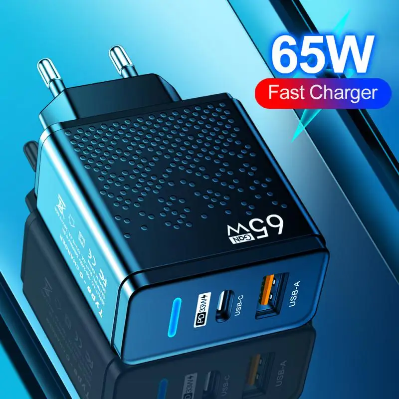 Фото Зарядное устройство Usb PD Type C, 65 Вт, для Samsung, Xiaomi, Huawei, кабель для быстрой зарядки типа C, адаптер для быстрой зарядки, 5 А, вилка для США, ЕС, Велик... №2