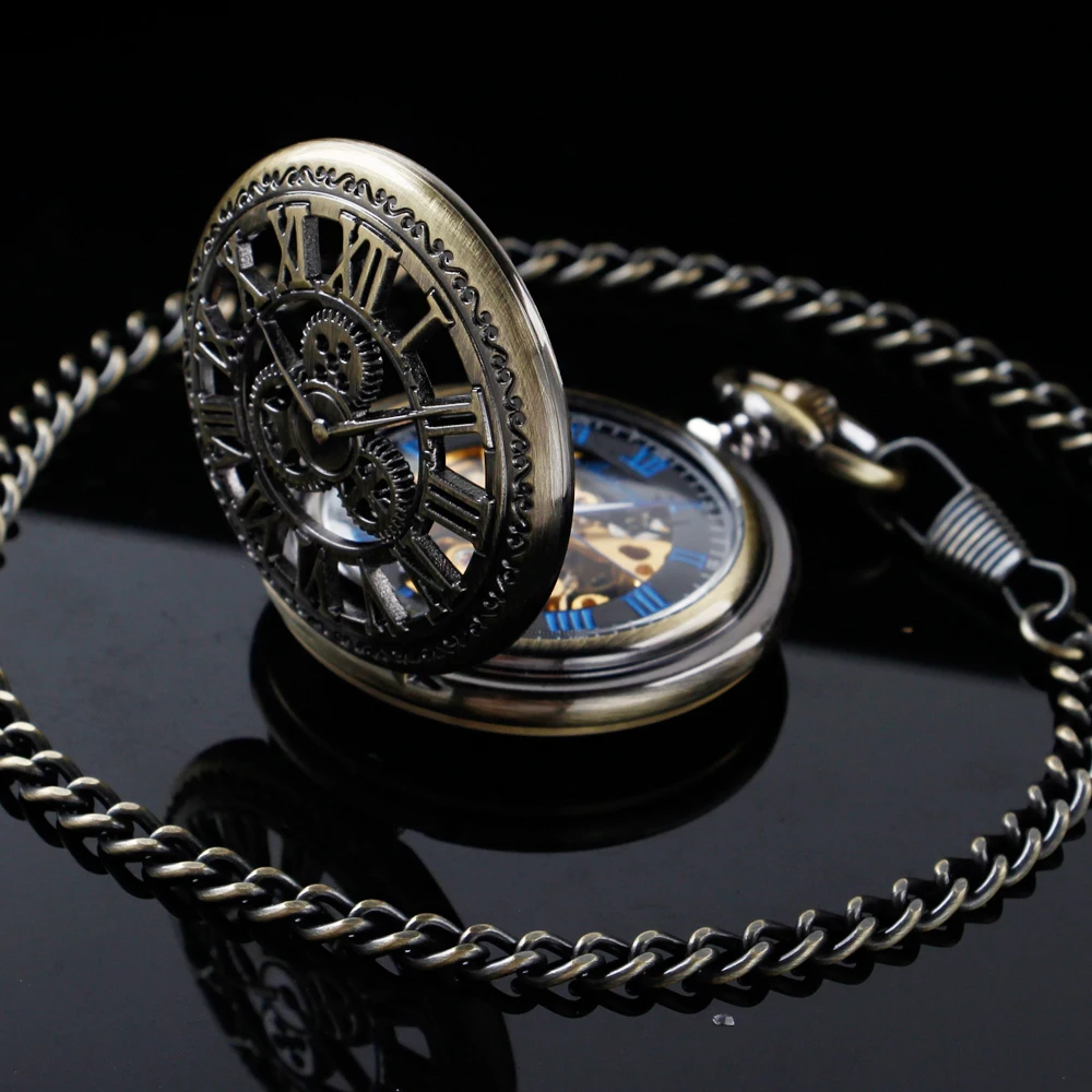 Antique bronze gear hollow mechanical manual pocket watch blue Roman digital skull dial pendant automatic antique clock