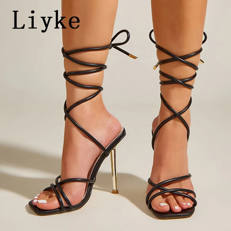 

Liyke Women Open Toe Narrow Band High Heels Gladiator Sandals Summer Fashion Ankle Lace-Up Stilettos Shoes Sandalias Mujer 2022