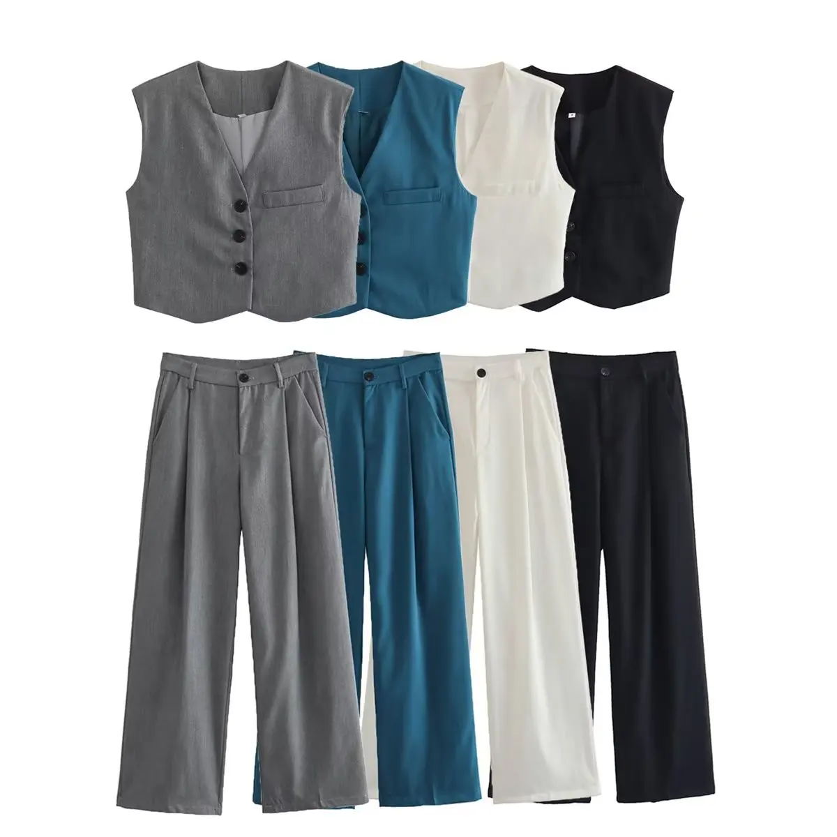 

Set Women 2 Pieces 2023 New Fashion Summer 4 Colors Button Tank Tops Vintage Casual Trousers Female Chic Tops
