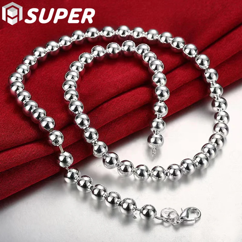 

925 Sterling Silver 6mm 18 Inch Smooth Beads Ball Chain Necklace For Man Women Trendy Wedding Engagement Jewelry