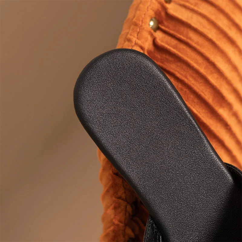 Women Slippers Genuine Leather New 2023 Summer Ladies Square Open Toe Flat Shoe Metal Decoration Sexy Beach Shoes