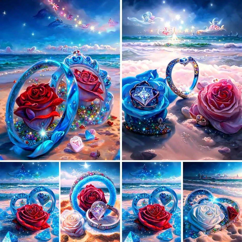 Алмазная 5D картина «сделай сам», романтическое кольцо с бриллиантами, роза, полная вышивка, мозаика, Пляжный Пейзаж, домашний декор, подарок на день Святого Валентина, A287