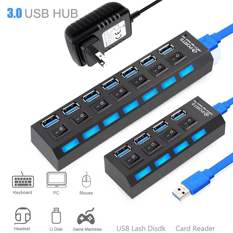 Original   3.0 Hub 5Gbps High Speed Multi USB Splitter 3 Hab Use Power Adapter 4/7 Port Multiple Expander Hub With Switch For P