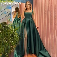 modest green evening dresses a line square neckline evening gown straps stain elegant prom dresses with slit vestidos de noche