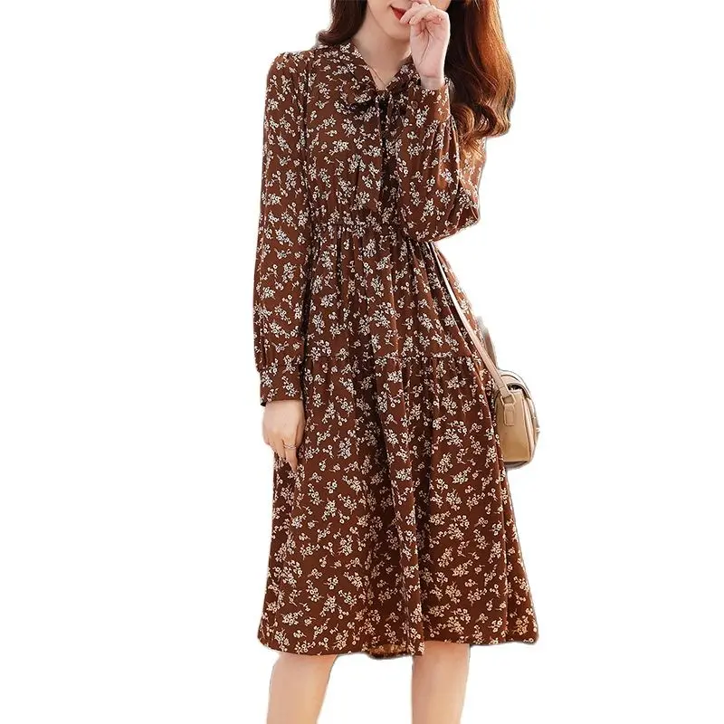 

2023 New Retro Floral Long Sleeved Dresses For Women Clothing Spring Autumn Slim Waist Chiffon Dress AC652