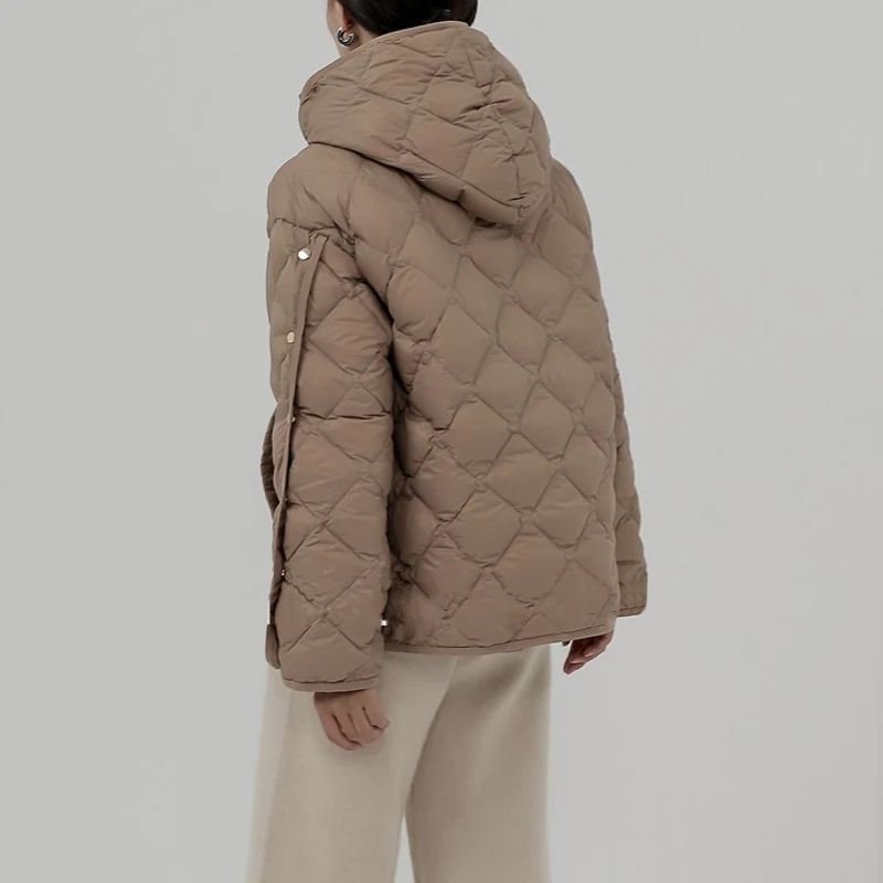Luxury Women Metal button down jacket 2022 Winter Khaki Black Loose Hooded puffer coat Ultra Light Warm Clothing INKEO 2O310