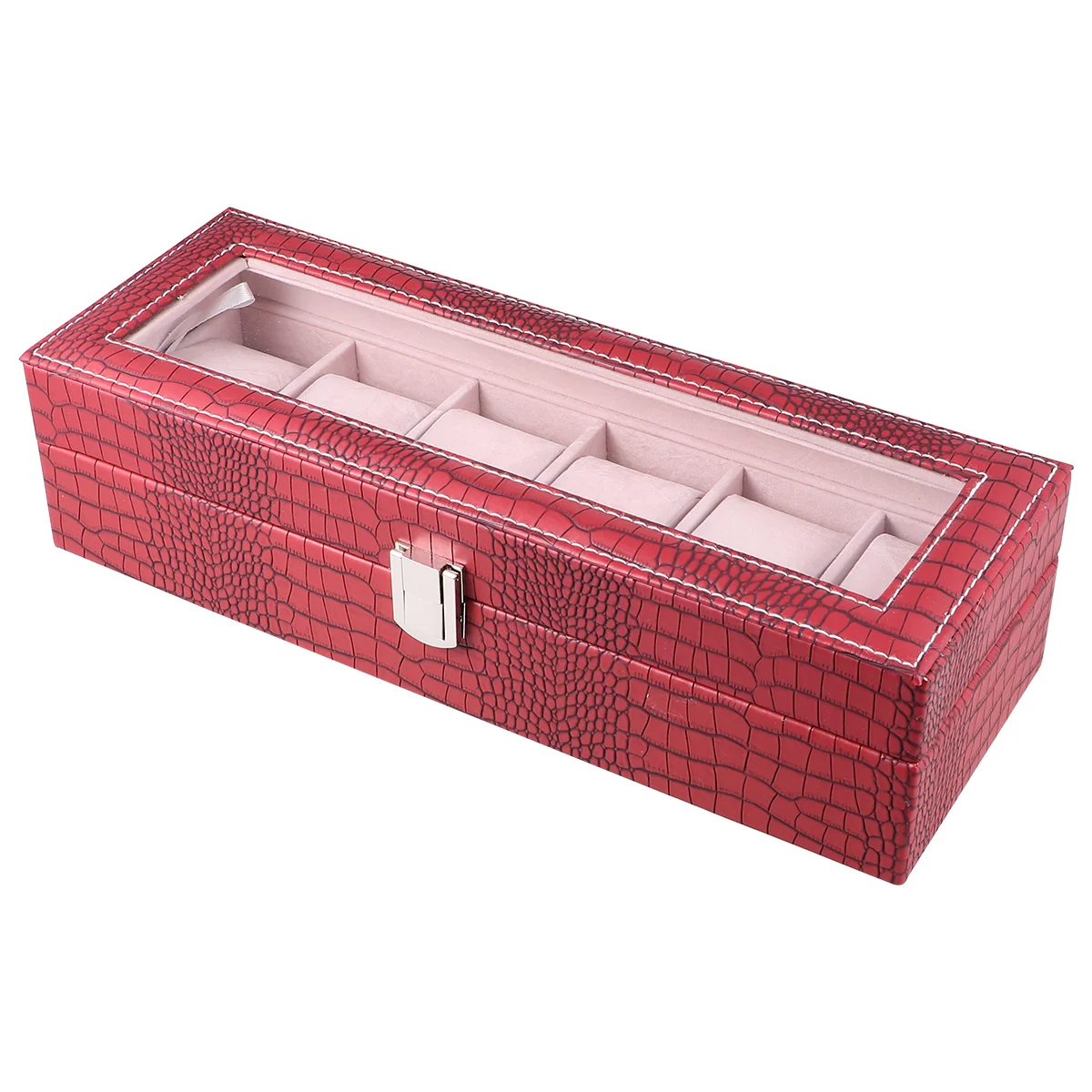 

6 Grids PU Leather Watch Display Box Jewelry Storage Organizer Case Locked Watch Display Casket (Dark Red)