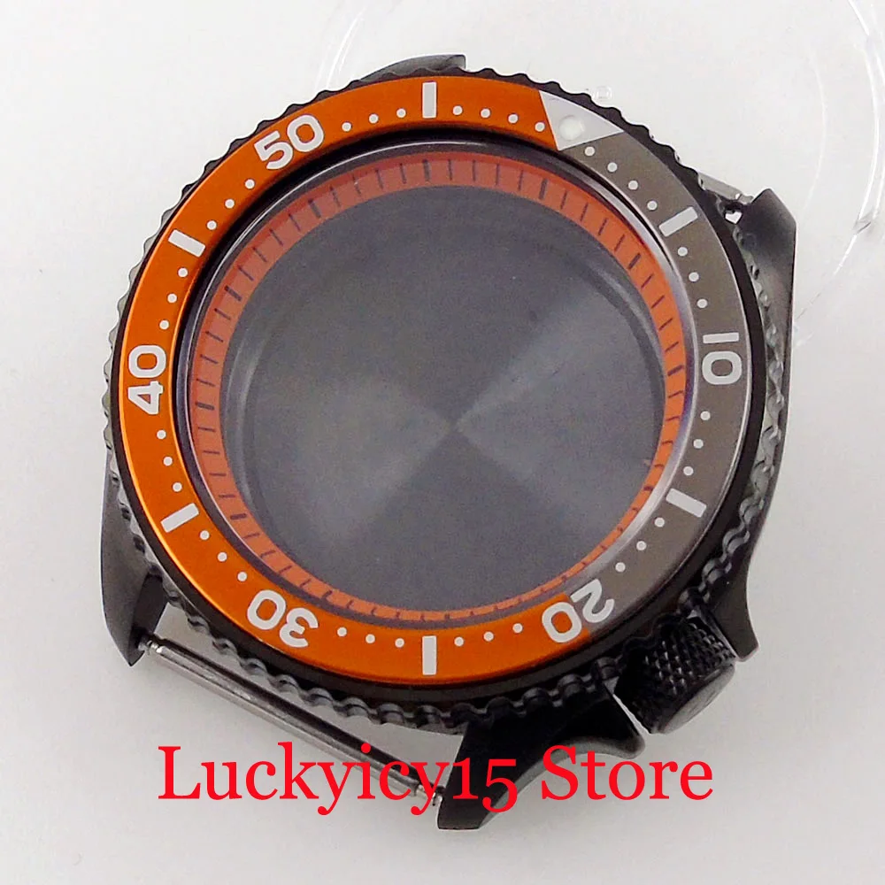 

42MM PVD Coated Black Watch Case Fit NH35A NH36A SKX 316L Movement Chapter Ring Flat Insert Sapphire Crystal 3.8 O'Clock Crown