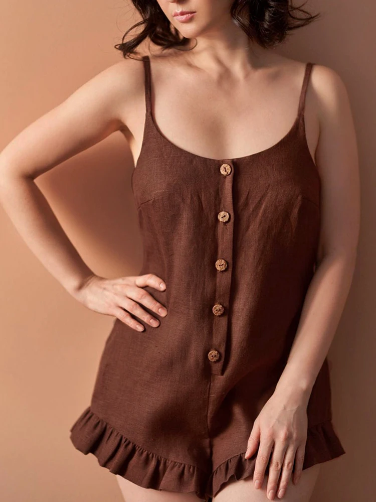 

Mnealways18 Sexy Home Jumpsuit Women Chic Frill Summer Overalls Spaghetti Strap One-Pieces Shorts Playsuit Female Thin Jumpsuit