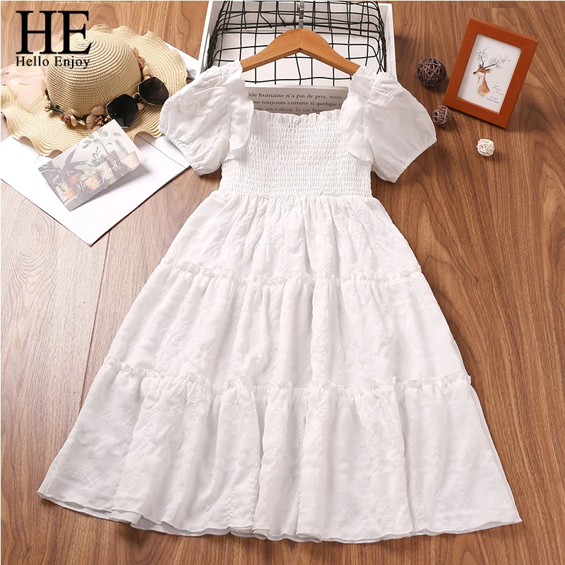 

HE Hello Enjoy Girl Dresses Toddler Kids Clothes 2022 New Summer Autumn Solid Color Pleated Lace Princess Dress Princess Costume