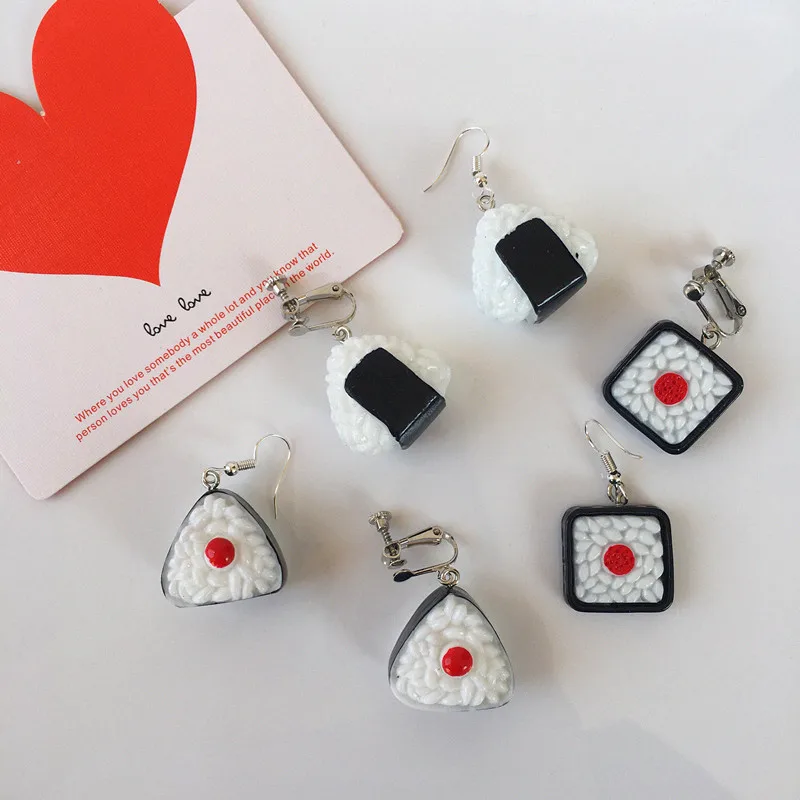 

2021 Cute Dangle Drop Earrings for Women Girl Funny Handmade Rice Balls Personality Simulation Sushi Food Resin Pendant Earrings