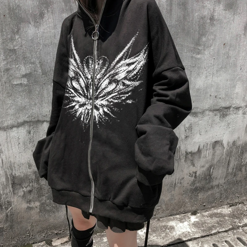 Женская Ретро-Толстовка Y2K темно-серого цвета молния бабочка с капюшон Свитшот в