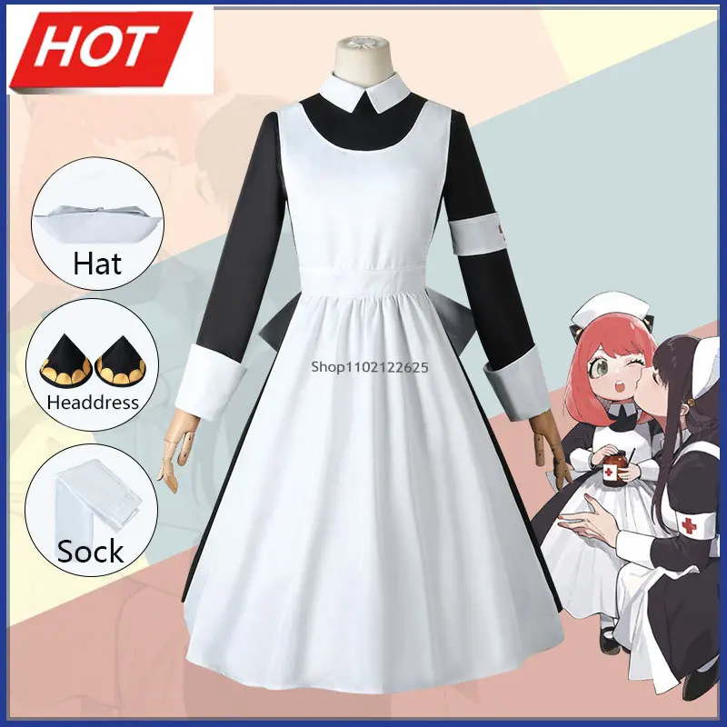 

Косплей героин семьи шпиона х из аниме косплей Косплей Экипировка косплея розового цвета с коротким париком платье + фартук + шапочка медсес...