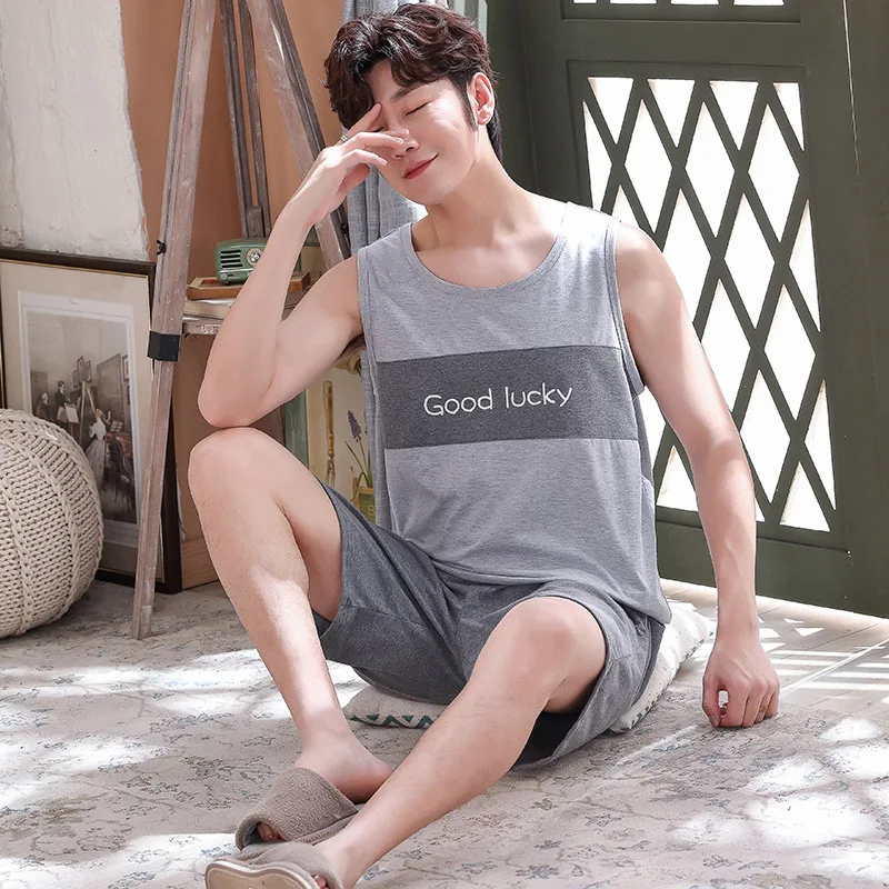 

Men's Pajamas Cotton Pajama Set Summer Pijama Round Neck Sleeveless Shorts Suit Man Casual Plus Size Loose Loungewear Sleepwear