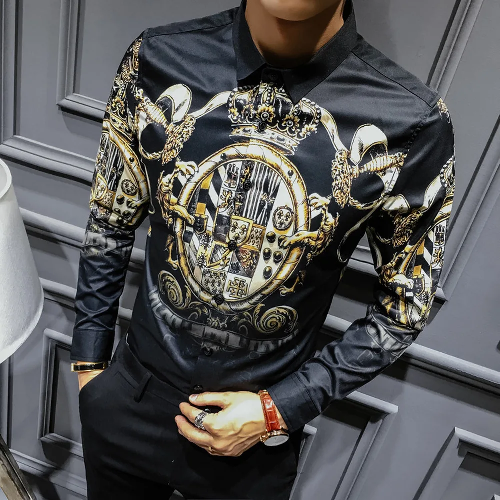 

2021 Black Gold Print Shirts men Baroque Slim Fit Party Club Shirt Men Camisa Homem luxury Long Sleeve Shirt Plus Size 4XL