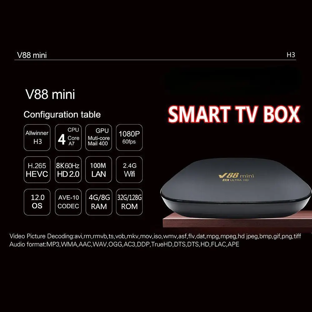 

V88 Mini Smart TV Box Android 12 Allwinner H3 Quad Core 2.4G WIFI 8K Set Top Box 8GB+128GB Media Player H.265 Home Theater