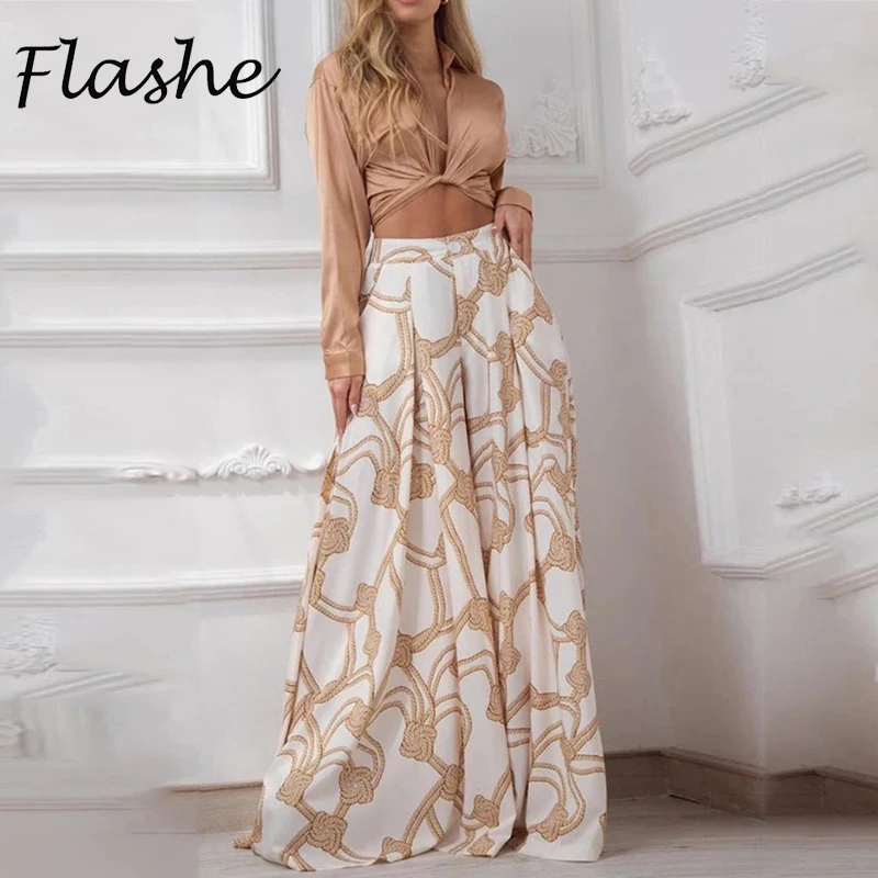 

Elegant Women Two Piece Sets V Neck Long Sleeve Crop Tops High Waist Wide Leg Print Pants Suits Female Casual Autumn Outfits
