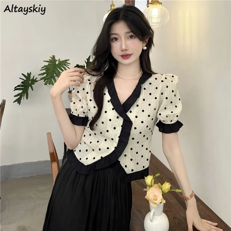 

Женские комплекты рубашки в горошек с V-образным вырезом модные летние рубашки в Корейском стиле женские юбки миди однотонные простые универсальные базовые Лидер продаж