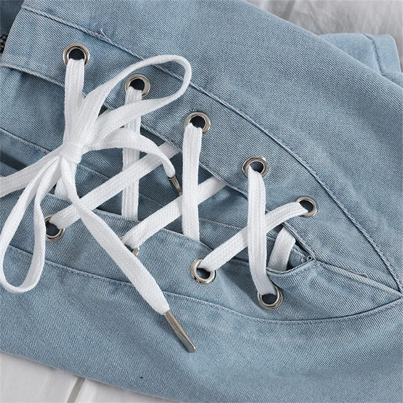 Tie High Waist Denim Shorts Spring Summer Women Jeans Shorts Female Casual Black Shorts Student All Match Loose Hot Shorts Blue