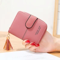 womens new wallets solid color zipper buckle two fold short coin purse hot sale tassel design student letter card holder