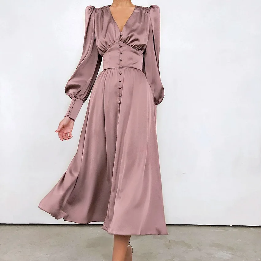 

2022 Spring Satin Prom Women's Long Dress Solid Lantern Sleeve A-Line High Waist Slim Elegant Lady Dresses New Year Female Dress