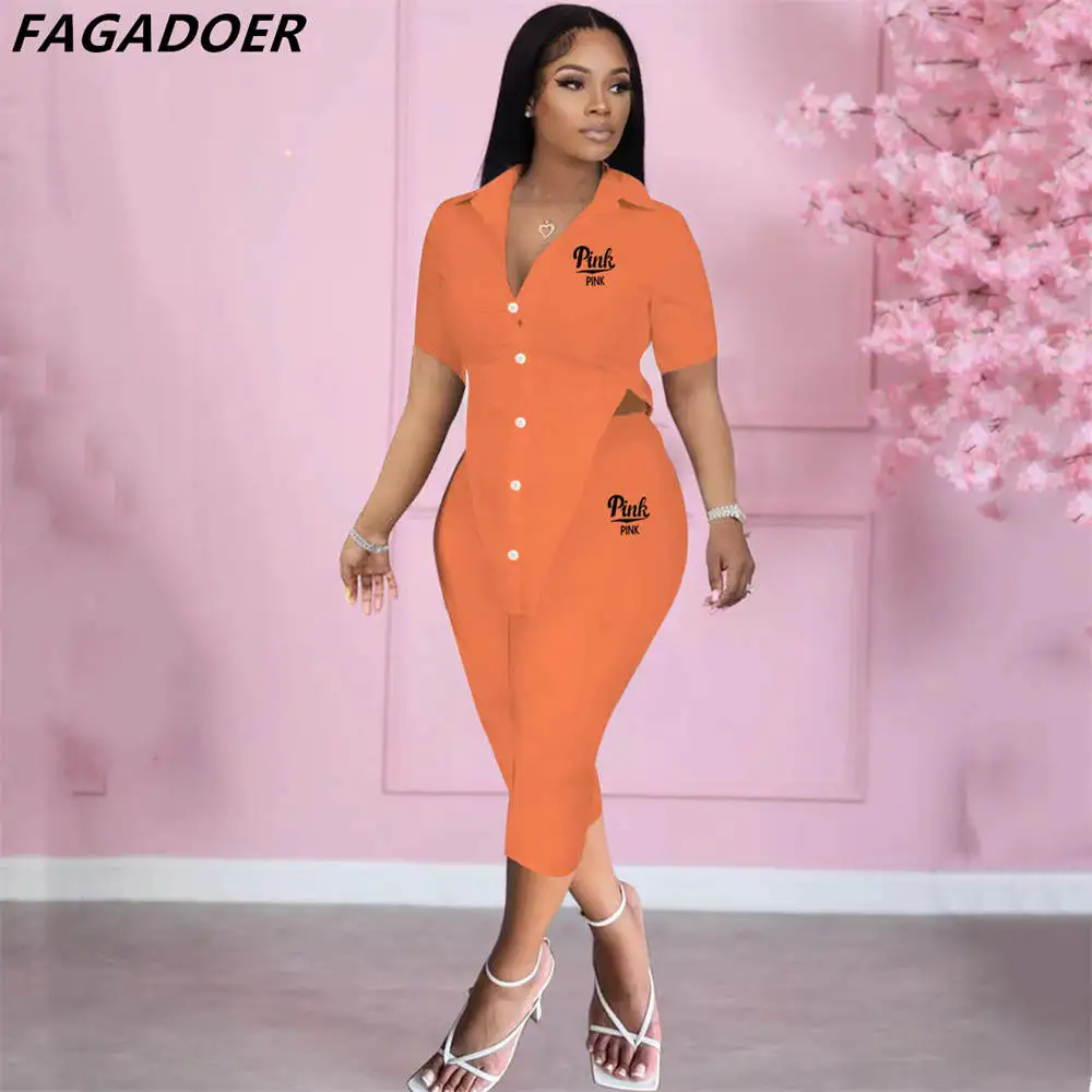 

FAGADOER Casual PINK Letter Print Tracksuits Women Turndown Button Irregular Shirt+Jogger Pants Two Piece Sets Fall 2pcs Outfits