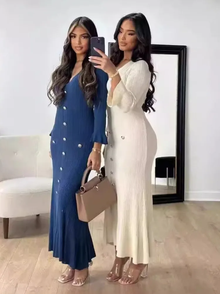 Элегантные вязаные Макси-Платья на пуговицах для женщин сексуальное облегающее