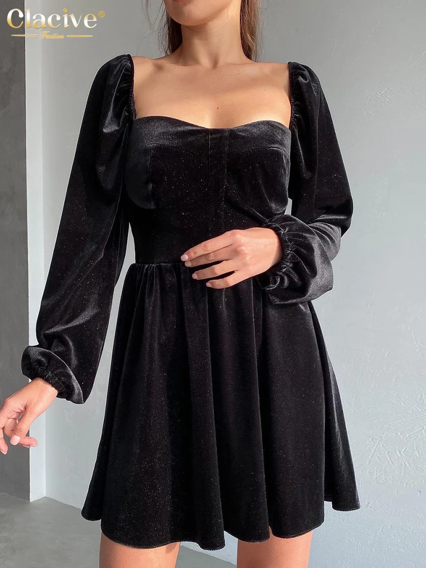 

Clacive Sexy Black Velvet Women'S Dresses 2023 Fashion Square Collar Long Sleeve Mini Dress Lady Elegant High Wasit Party Dress